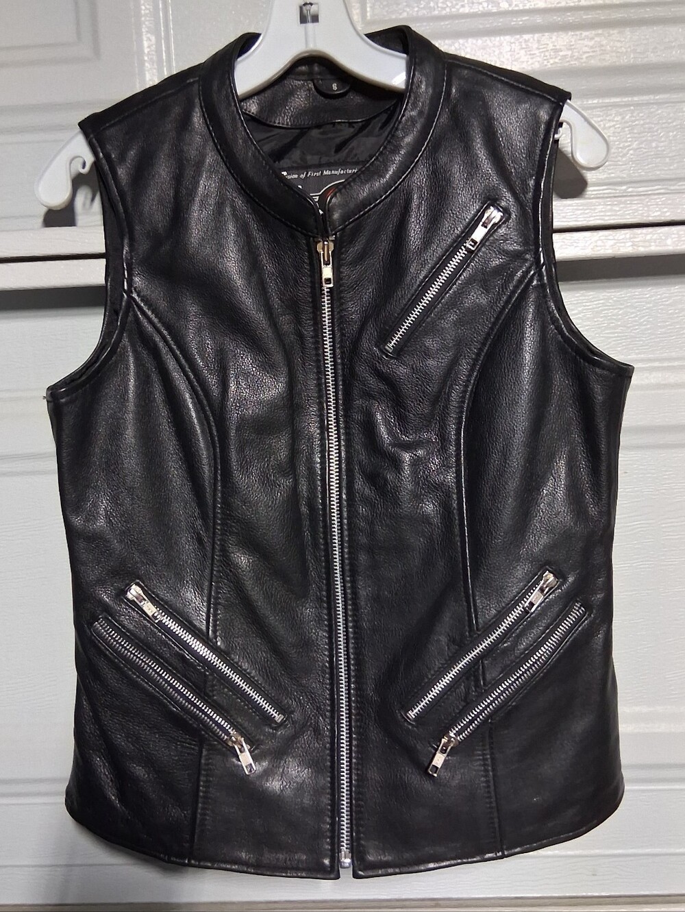 Sleeveless Black Leather Moto Vest with Silver Zips